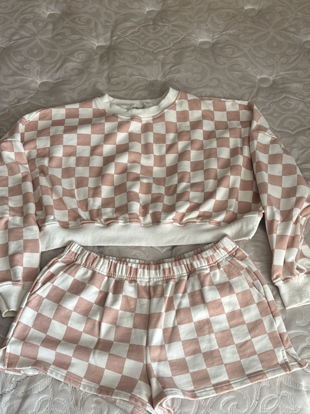 Checkerboard Crop Sweatshirt & Shorts Set - Blush & White